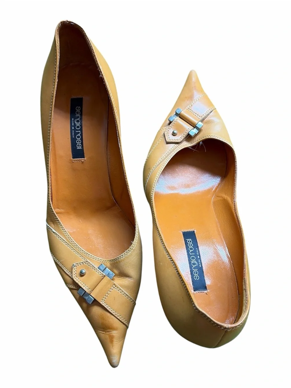 Sergio Rossi Mustard Leather Pointed Toe Pumps with Buckle Accent